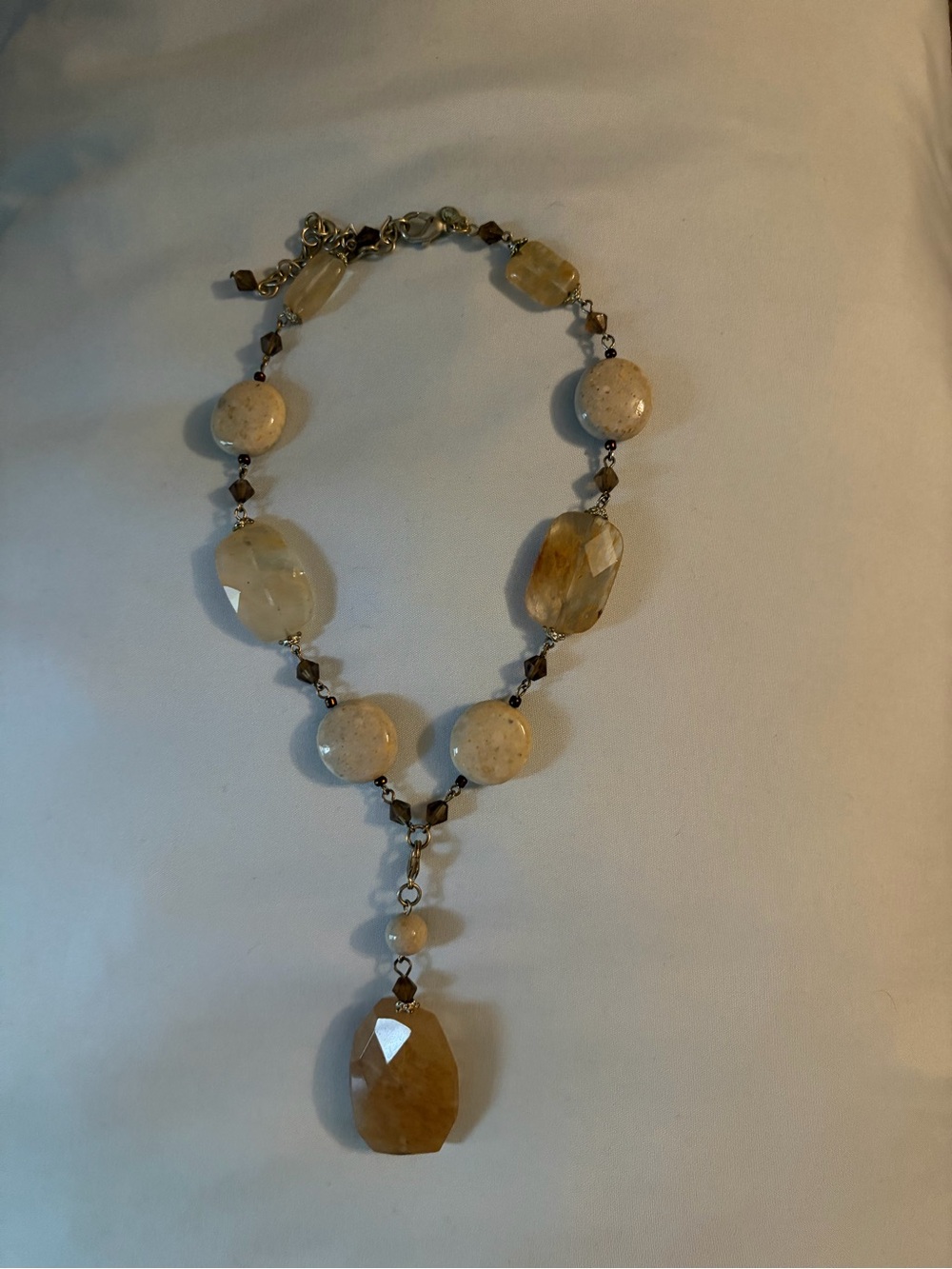 Chunky Stone Beaded Y-Necklace Tan Brown Faceted Pendant Boho